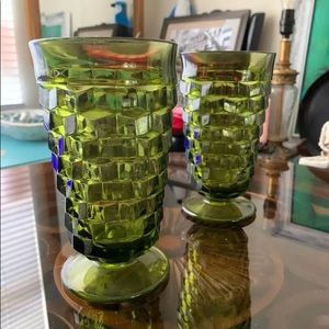 2 Vintage Whitehall Olive Green Tumblers Indiana Glass Company Colony Cubist